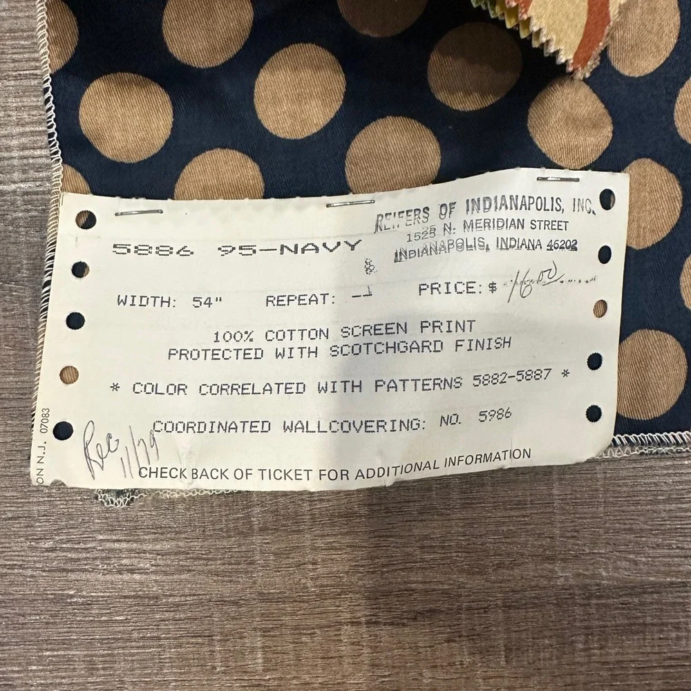VINTAGE 1979 Krupnick Bros Polka Dot Fabric Sample Swatch Navy Blue‎ MCM Decor